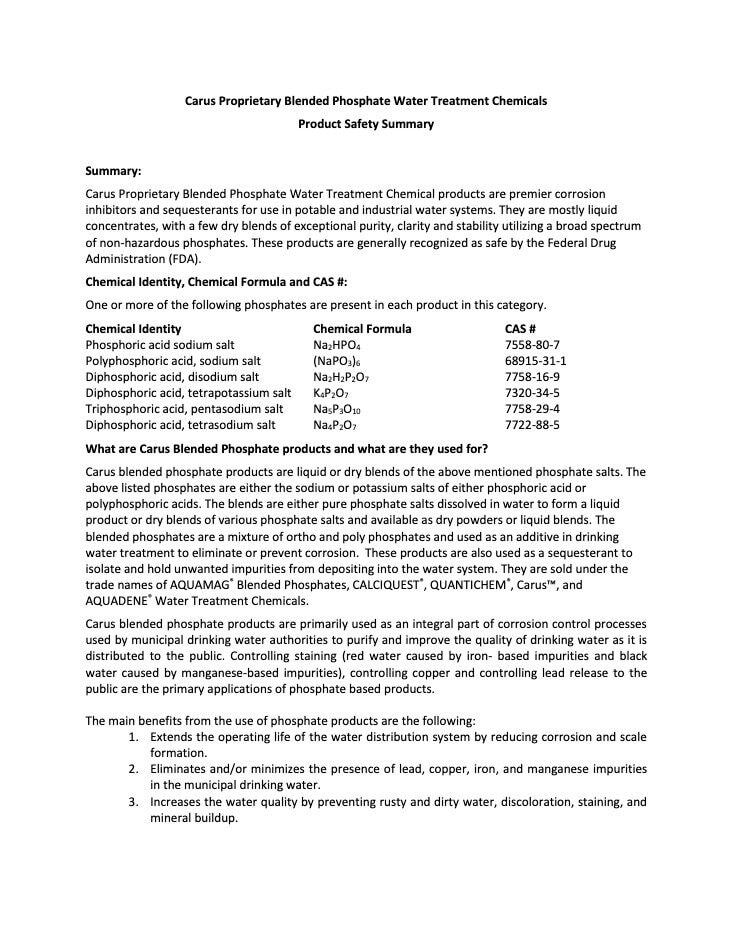 Text document titled "Carus Proprietary Blended Phosphate Water Treatment Chemicals Product Safety Summary." It includes a summary and a table with chemical identities, formulas, and CAS numbers related to water treatment.