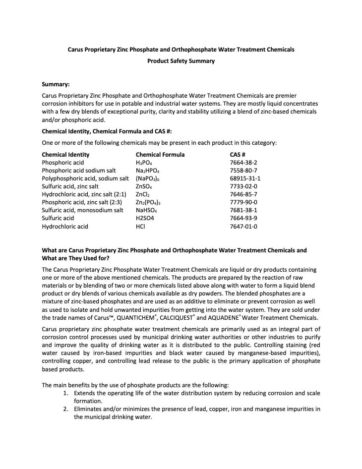 Document titled "Carus Proprietary Zinc Phosphate and Orthophosphate Water Treatment Chemicals Product Safety Summary." It includes sections on summary, chemical identity, usage, and their benefits in water systems.