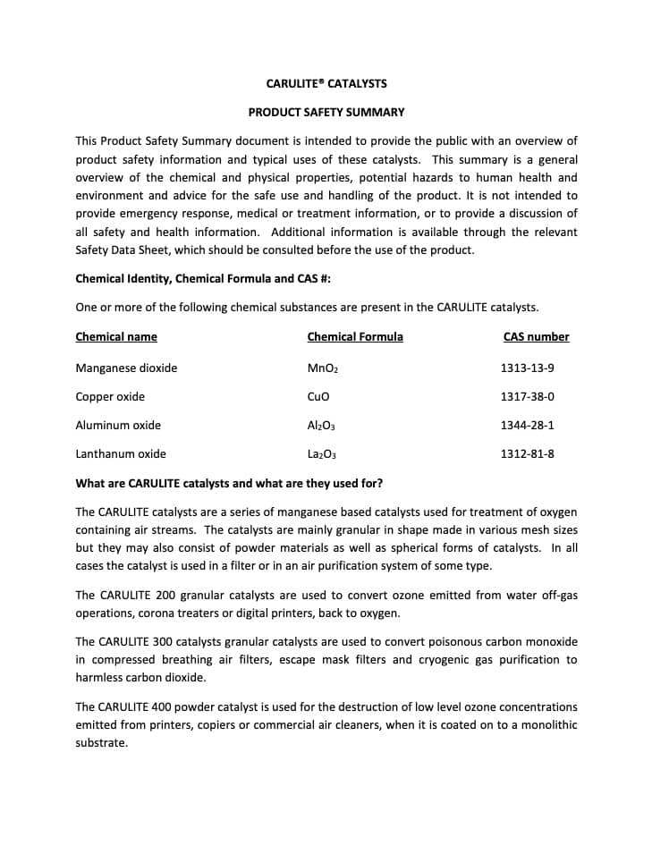 Text document titled "CARULITE® CATALYSTS PRODUCT SAFETY SUMMARY" detailing chemical identities, formulas, CAS numbers, and uses of manganese dioxide, copper oxide, aluminum oxide, and lanthanum oxide. Includes safety information overview.