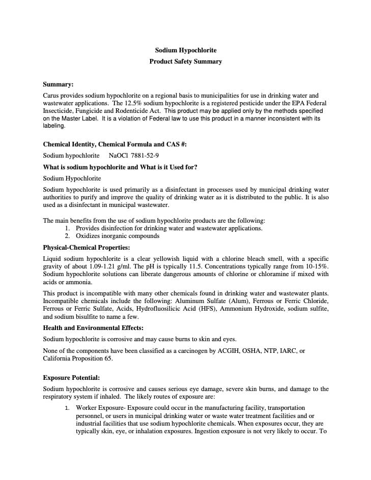 A document titled "Sodium Hypochlorite Product Safety Summary" with sections on summary, chemical identity, uses, and physical-chemical properties. It describes sodium hypochlorite's regulatory status, applications, safety, and environmental considerations.