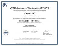 Certificate labeled "RCMS Statement of Conformity - OPTION 2," issued to Canus LLC in Seattle, WA. Acknowledges conformity with RCMS:2019 standards. Includes ANSI-ASQ logo and signatures from NSF-ISR management.