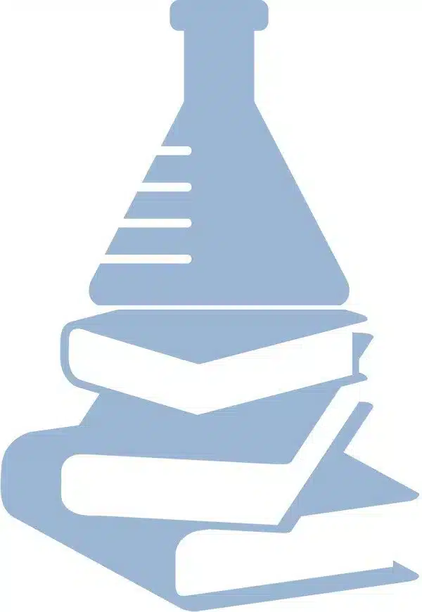 Illustration of a blue laboratory flask stacked on top of three books. The books are slightly tilted, and the flask appears to have measurement lines. The design is simple and stylized.