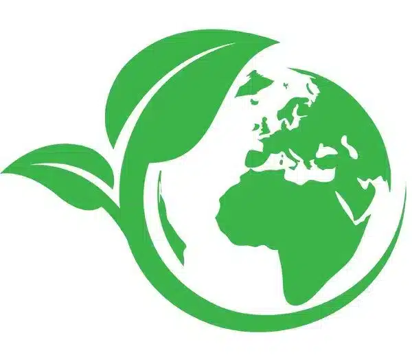 Green Earth illustration with a leaf integrated into the globe design, highlighting Europe and Africa. The green leaf wraps around the left side, symbolizing environmental conservation and sustainability.