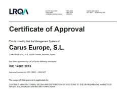 Certificate of Approval for Carus Europe, S.L. by LRQA, indicating ISO 14001:2015 standards compliance for management systems, approved until May 3, 2026. Applicable to contact insecticides, solutions for explosive management, and more.