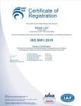 Certificate of Registration issued to Karas LLC for ISO 9001:2015. It includes accreditation logos at the bottom and a unique certificate number. The certificate signifies quality management system standards compliance.