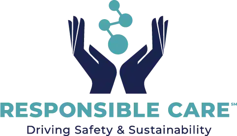 Logo with two dark blue hands cupping three teal shapes resembling a plant or molecule. Below, the text reads: "RESPONSIBLE CARE" and "Driving safety, sustainability.