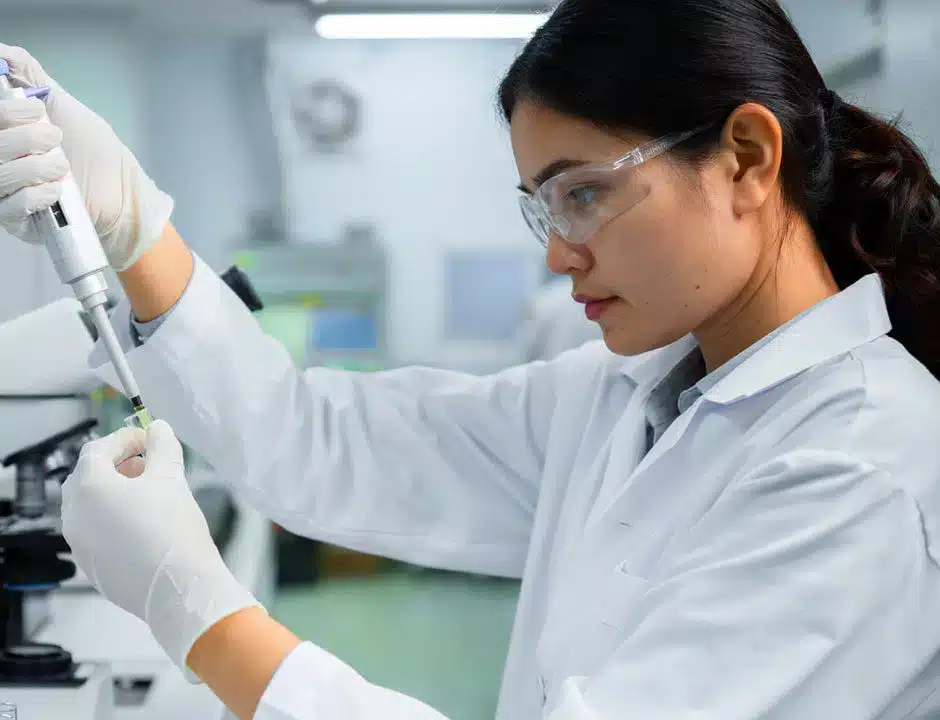 A scientist in a lab coat and safety goggles carefully uses a pipette to transfer liquid into a container. She is focused on her work in a laboratory setting with a microscope visible in the background.