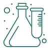 A line drawing of two laboratory containers: a conical flask and a test tube. The flask is to the left, and the test tube stands slightly behind it to the right. Small bubbles float around them, suggesting a scientific theme.