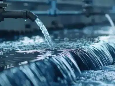 A series of water faucets overflows into a trough, creating ripples. The scene is part of a water treatment or industrial facility, with metallic pipes and clear, flowing water. The lighting is soft, imparting a tranquil, bluish hue.