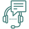 Icon of a headset with a microphone, featuring a speech bubble above it containing horizontal lines, suggesting communication or customer service. The lines are decorative and do not contain text.