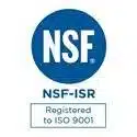 A logo featuring a blue circle with white "NSF" letters in the center. Below, it reads "NSF-ISR" in blue and "Registered to ISO 9001" in a white box.