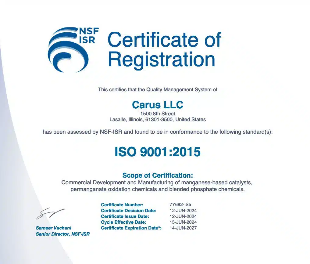 Certificate of Registration issued by NSF ISR to Carus LLC, certifying compliance with ISO 9001:2015 for Quality Management. It details certification scope, with dates of decision, issue, effective, and expiration ranging from 2024 to 2027.