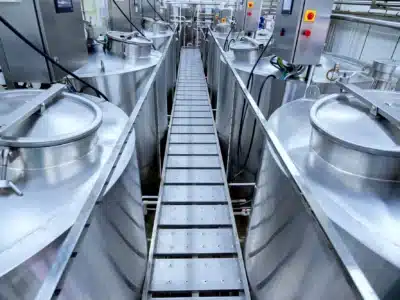 View of a series of large stainless steel tanks in a dairy factory. A metal walkway with handrails runs between the tanks. Control panels with indicator lights are visible on the right side, and the environment is clean and industrial.