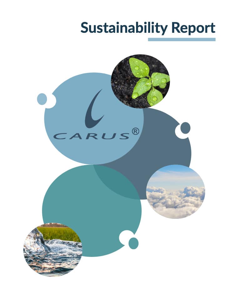 Cover of a Sustainability Report featuring interconnected circles with images: a small plant with water droplets, clouds in the sky, and water flowing over grass. The word "CARUS" is displayed in the central circle.