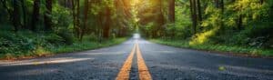 A straight road with a yellow center line stretches through a lush green forest. Sunlight filters through the trees, creating a serene and inviting atmosphere. The road gradually narrows into the distance, suggesting a path into nature.