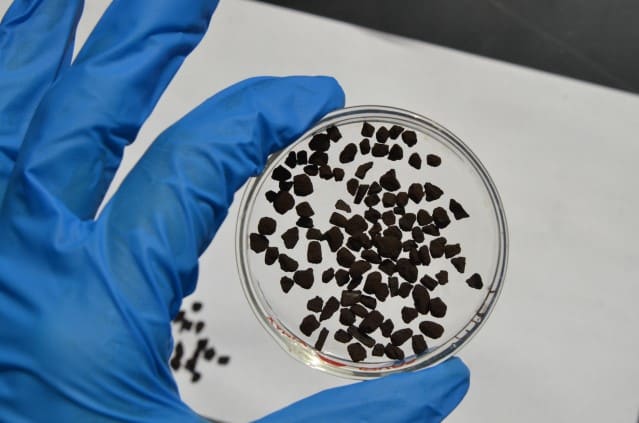 A hand in a blue glove holds a petri dish containing small black granules over a white surface. Some granules are scattered on the surface beneath.