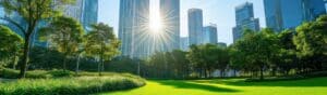 A city park with lush green grass and trees is illuminated by bright sunlight. The sun is shining through a group of modern skyscrapers in the background, creating a serene urban landscape.