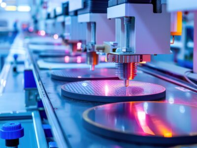 Close-up of semiconductor wafers being processed on an assembly line in a modern factory. The image shows machines using precise instruments with glowing lights to work on the circular wafers, reflecting a high-tech manufacturing environment.