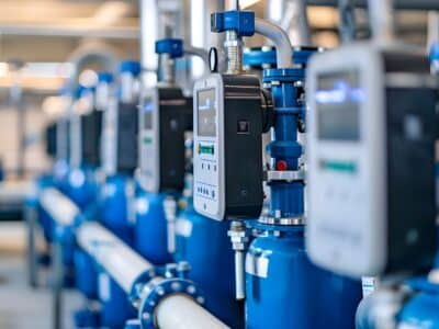 Blurred image of multiple industrial control panels attached to blue machinery in a factory setting. The panels display various readings and are connected to pipes and valves, suggesting a complex system for monitoring and controlling processes.