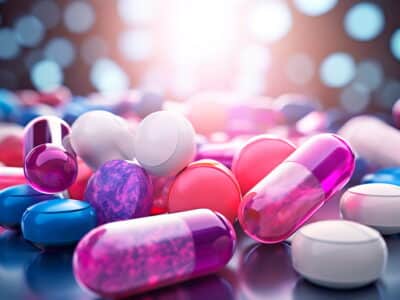 A variety of colorful pills and capsules are spread across a reflective surface. The background is softly blurred with circular bokeh lights, creating a bright and vibrant atmosphere.