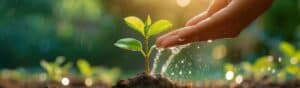 A hand gently pours water onto a young seedling in soil. Sunlight filters through the leaves, creating a warm glow. Surrounding the main plant are blurred green plants, suggesting a lush garden.