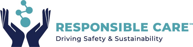 Logo featuring two dark blue hands cupping a turquoise molecule symbol. Beside the hands, text reads "RESPONSIBLE CARE" in bold turquoise, with "Driving Safety & Sustainability" in smaller dark blue letters underneath.