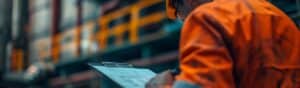 A worker in an orange uniform and helmet is holding a clipboard, appearing to be inspecting or taking notes. The background is blurred, showing industrial equipment and structures.