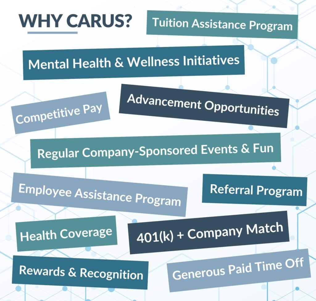 A visually appealing graphic with a header "WHY CARUS?" showcasing various benefits including competitive pay, advancement opportunities, health coverage, 401(k), tuition assistance, and more, against a geometric background.