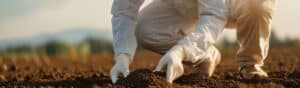 Person in protective clothing and gloves kneeling on soil in a field, examining the earth. The background is a blurred natural landscape, suggesting an agricultural or ecological study setting.