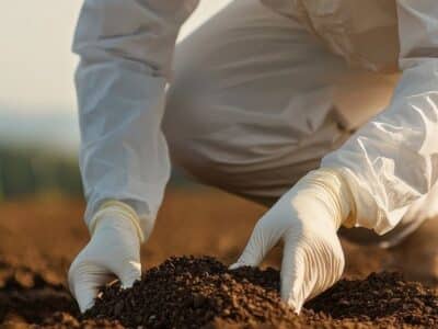 A person wearing a white protective suit and gloves crouches in a field, examining and running soil through their hands. The background shows blurred greenery and a soft, sunlit sky.