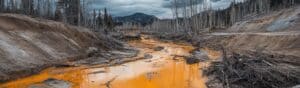 A desolate landscape with a river of orange water flowing through barren, muddy banks. The sky is overcast, and leafless trees stand on either side. Mountains are visible in the background under a gloomy sky.