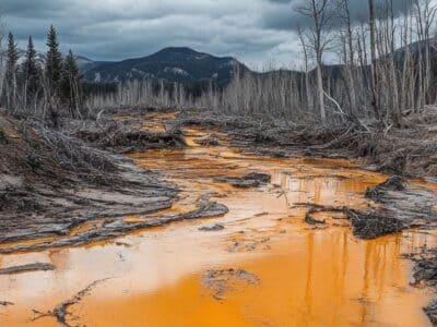 A barren landscape with a vivid orange stream flowing through it, surrounded by dead trees and eroded banks. In the background, there are dark, forested hills under a cloudy sky.