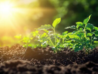 Young green plants sprouting from dark, rich soil under bright sunlight. Sun rays illuminate the leaves, creating a vibrant and fresh scene. The background is softly blurred, highlighting the plants in the foreground.