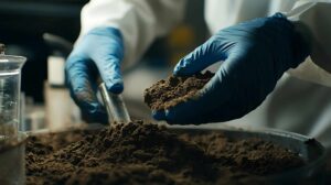 A person wearing blue gloves holds a handful of soil over a tray, while another gloved hand holds a small tool. The background is blurred, suggesting a laboratory setting, possibly for soil analysis or scientific research.