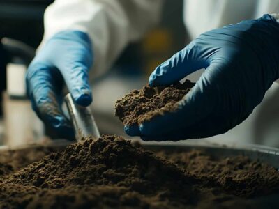 A person wearing blue gloves holds a handful of soil over a tray, while another gloved hand holds a small tool. The background is blurred, suggesting a laboratory setting, possibly for soil analysis or scientific research.