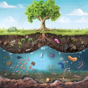 Illustration of a cross-section of soil beneath a tree, showing layers of dirt, roots, and various colorful microorganisms like bacteria and fungi. The scene highlights the diverse life in the soil ecosystem.