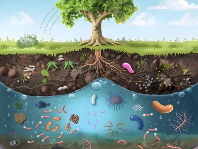 Illustration of a cross-section of soil beneath a tree, showing layers of dirt, roots, and various colorful microorganisms like bacteria and fungi. The scene highlights the diverse life in the soil ecosystem.