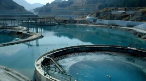 A serene water treatment facility nestled in a mountainous landscape. Circular basins filled with clear blue water reflect the surrounding hills and sky. Various structures and pathways border the basins, with trees lining the distant background.