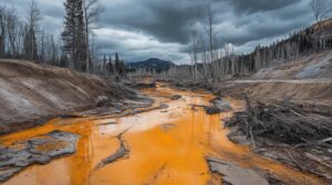 A polluted river colored orange flows through a barren landscape with leafless trees on both sides. The sky is overcast with dark, threatening clouds. Mountains are visible in the background.