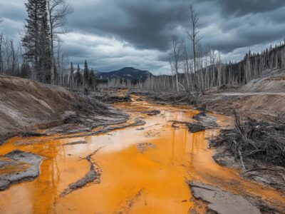 A polluted river colored orange flows through a barren landscape with leafless trees on both sides. The sky is overcast with dark, threatening clouds. Mountains are visible in the background.