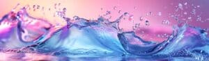 Colorful water splashes captured in motion, illuminated with vibrant shades of pink, purple, and blue, creating a dynamic and artistic scene against a soft, gradient background.