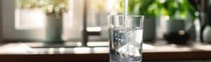 A clear glass being filled with water from a tap in a sunlit kitchen, with green potted plants and a window in the background. Bubbles are visible in the water as it pours into the glass.