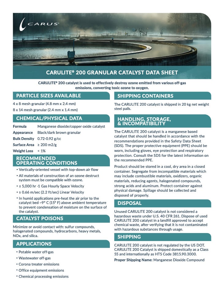 Carus Carulite® 200 Granular Catalyst Data Sheet, detailing particle sizes, chemical data, shipping options, handling instructions, and disposal recommendations. Includes contact information and weight details.