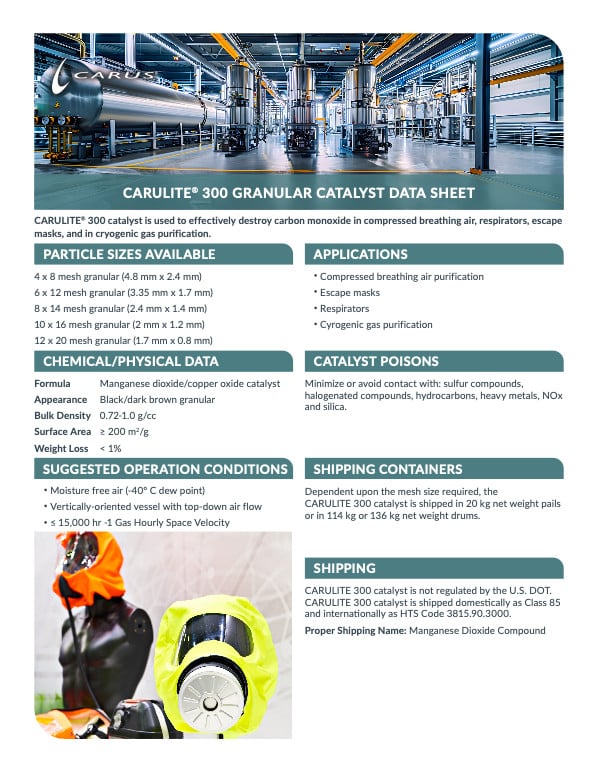 A datasheet for CARULITE® 300 granular catalyst, detailing chemical/physical data, catalyst poisons, suggested conditions, and shipping info. Includes images of machinery and shipping materials, and a safety gear icon.