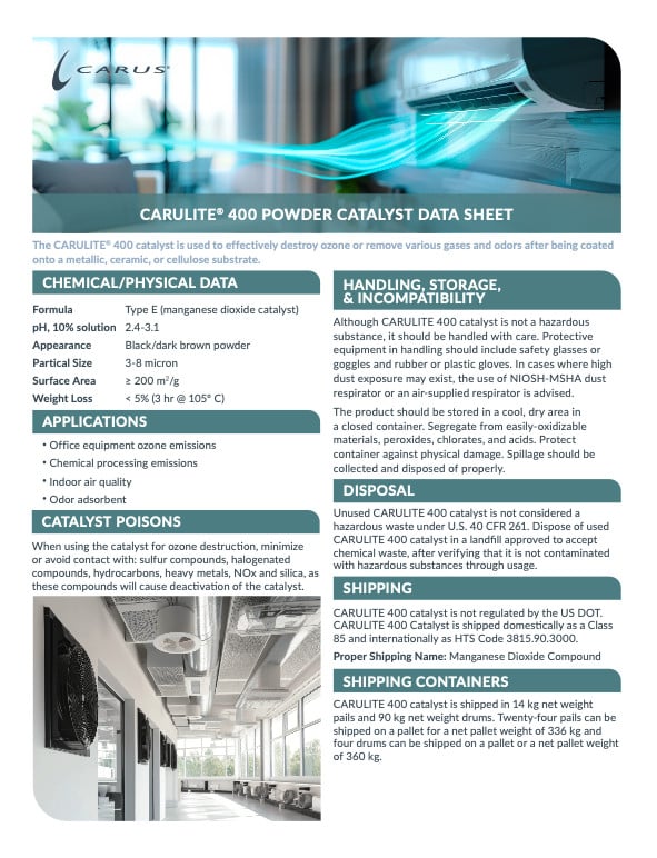 A data sheet for CARULITE 400 powder catalyst includes sections on chemical/physical data, handling, storage, and disposal. The sheet details its use for destroying odors and procedures for safety and shipping. Images depict a lab and a shipping dock.