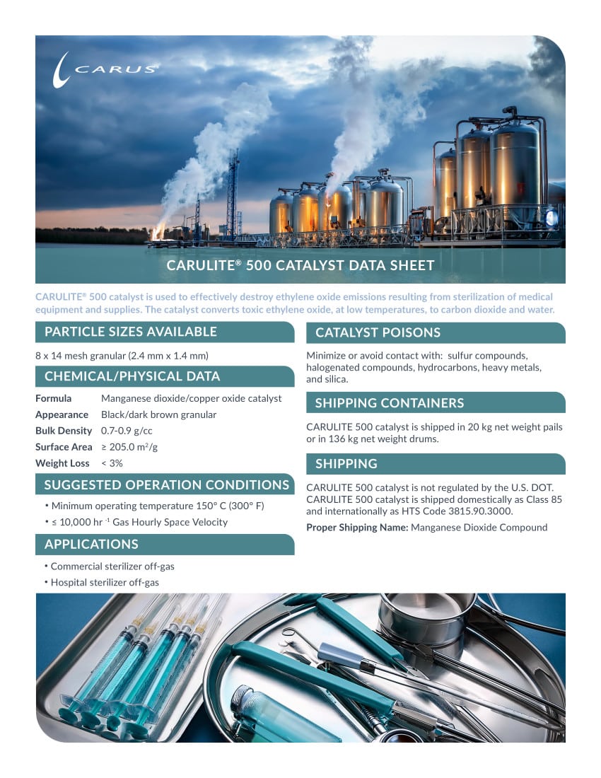 Industrial facility with large metal tanks emitting steam, set against a cloudy sky. Text overlay describes the Carus CARULITE® 500 Catalyst, its features, applications, and shipping information, with an image of medical sterilization equipment.