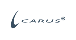 Logo with the word "CARUS" in blue, followed by a registered trademark symbol. An abstract swoosh design appears to the left of the text.