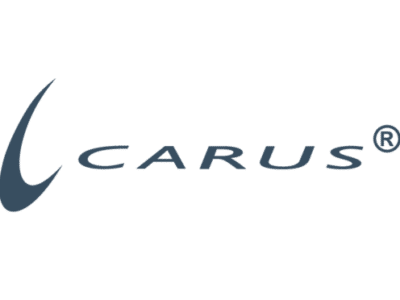 Logo with the word "CARUS" in blue, followed by a registered trademark symbol. An abstract swoosh design appears to the left of the text.