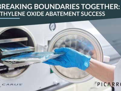 A gloved hand placing a package into a sterilization machine. The image features text: "Breaking Boundaries Together: Ethylene Oxide Abatement Success" with logos for Carus and Picarro.