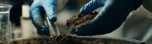 Close-up of a person wearing blue gloves examining soil in a lab. One hand holds soil over a tray, while the other uses a clear scoop. A beaker is partially visible in the background, suggesting a scientific or agricultural setting.